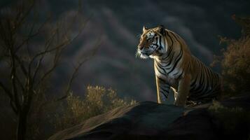 Bengal Tiger, its head raised proudly, oversees its territory from a high rocky perch photo