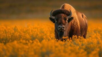 A proud American Bison, its fur flowing with the breeze, stands amidst a breathtaking field of wildflowers photo