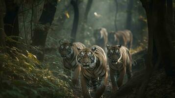 A group of Bengal Tigers stealthily advancing through a dense forest, their stripes seeming to fuse with the shifting shadows photo