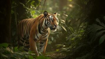 un Bengala tigre, acecho sus presa en el corazón de el selva foto