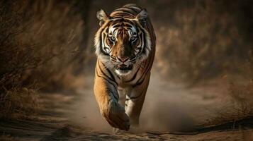 A Bengal Tiger in mid-stride, its powerful muscles rippling beneath its golden fur photo