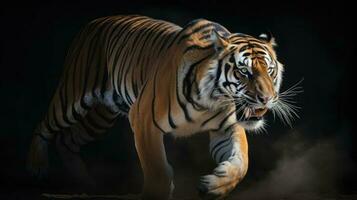 A Bengal Tiger, captured mid-stride, its sinewy muscles standing out beneath its luminous fur photo