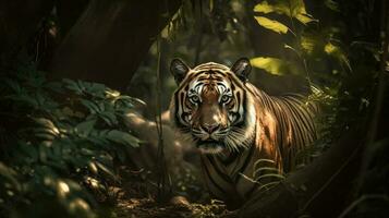 un Bengala tigre, acecho sus presa en el corazón de el selva foto