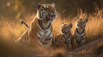 A Bengal Tiger, playing with its cubs in a sun-drenched meadow photo