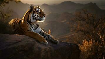 Bengal Tiger, its head raised proudly, oversees its territory from a high rocky perch photo