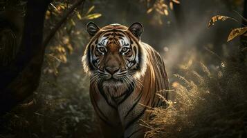 un Bengala tigre, acecho sus presa en el corazón de el selva foto