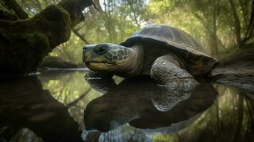 A grand Galapagos Tortoise gradually navigating its way through a verdant, tropical forest photo