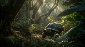 A grand Galapagos Tortoise gradually navigating its way through a verdant, tropical forest photo