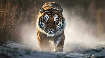 A Bengal Tiger, frozen in mid-gait, its impressive musculature evident beneath its radiant coat photo