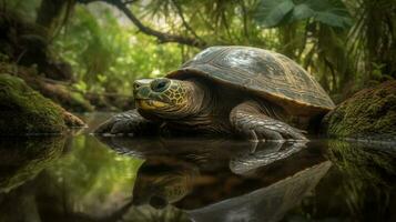A grand Galapagos Tortoise gradually navigating its way through a verdant, tropical forest photo