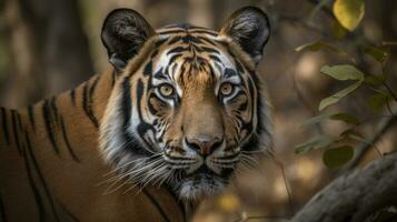 un Bengala Tigre en a medio paso, sus poderoso músculos ondulación debajo sus dorado piel foto