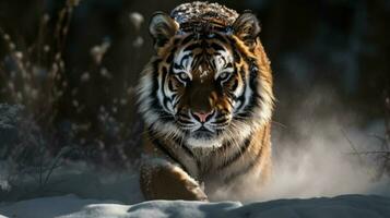 un Bengala tigre, congelado en a mitad de camino, sus impresionante musculatura evidente debajo sus radiante Saco foto
