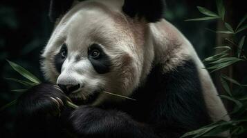 A Giant Panda, holding a tender bamboo shoot, showing the perfect example of innocence and curiosity photo