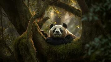 A Giant Panda, playfully rolling amidst the tall bamboo stalks, its infectious energy dominating the tranquil woods photo