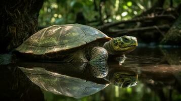 A grand Galapagos Tortoise gradually navigating its way through a verdant, tropical forest photo