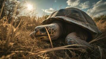 A Galapagos Tortoise, basking under the midday sun on a bed of sun-dried grass photo