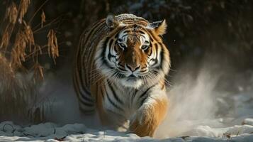 A Bengal Tiger, frozen in mid-gait, its impressive musculature evident beneath its radiant coat photo