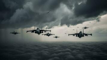 A squadron of fighter jets darting through a cloudy sky, leaving trails of white smoke against the vibrant blue canvas photo