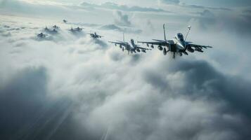 A squadron of fighter jets darting through a cloudy sky, leaving trails of white smoke against the vibrant blue canvas photo