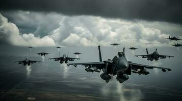 A squadron of fighter jets darting through a cloudy sky, leaving trails of white smoke against the vibrant blue canvas photo