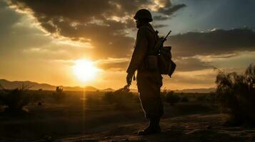 A soldier in full combat gear, standing firm and resolute in the heart of a war zone photo