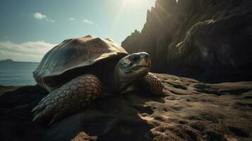 A Galapagos Tortoise lounging in the sunlight on a rugged promontory, bordered by a sparkling, translucent sea photo