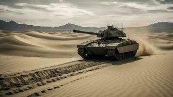 A tank rolling across a barren desert, its massive tracks carving a path through the undulating sand dunes photo