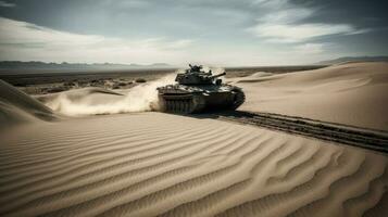 A military tank making its way through a vast desert landscape, its heavy tracks leaving deep imprints in the sand photo