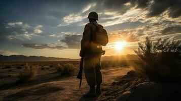 A soldier in full combat gear, standing firm and resolute in the heart of a war zone photo