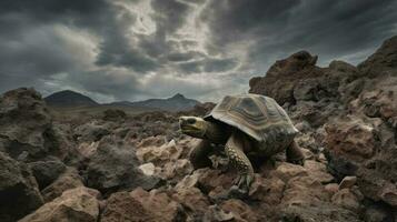 A Galapagos Tortoise, traversing the volcanic landscape, each step reverberating with centuries of existence photo