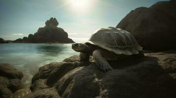 A Galapagos Tortoise lounging in the sunlight on a rugged promontory, bordered by a sparkling, translucent sea photo