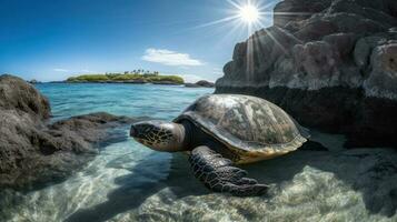 A Galapagos Tortoise basking in the sun on a rocky outcrop, surrounded by a crystal-clear ocean photo