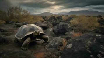 A Galapagos Tortoise, traversing the volcanic landscape, each step reverberating with centuries of existence photo