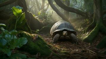 A splendid Galapagos Tortoise leisurely strolling through a rich, tropical jungle photo