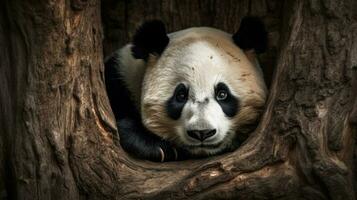 un gigante panda, en broma laminación en medio de el alto bambú tallos, sus infeccioso energía dominante el tranquilo bosque foto