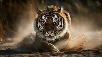 un Bengala tigre, capturado a medio paso, sus nervudo músculos en pie fuera debajo sus luminoso piel foto