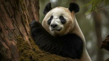 A Giant Panda, cozily curled in a tree, its thick fur camouflaged with the rough bark photo