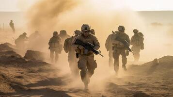 a group of soldiers advancing across a barren and desert photo