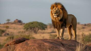 un majestuoso león en pie encima un rocoso afloramiento, con un sabana extensión fuera detrás él, capturar el leon poder y real presencia foto