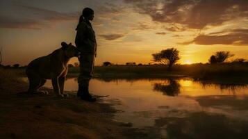 A soldier standing guard while a lioness drinks from a watering hole, with the African sunset casting a warm glow over the scene photo