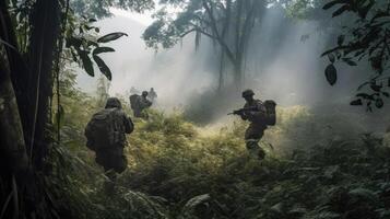 A squad of soldiers moving stealthily throug a jungle photo