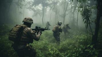A squad of soldiers moving stealthily throug a jungle photo