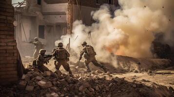 a team of soldiers taking cover behind a ruined building photo