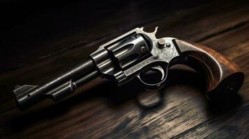 A vintage revolver lying on a weathered wooden table, the gun's metal gleaming in the dim light photo