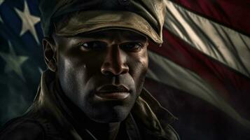 Detail shot with american flag on soldier uniform, giving the honor salute during military ceremony photo