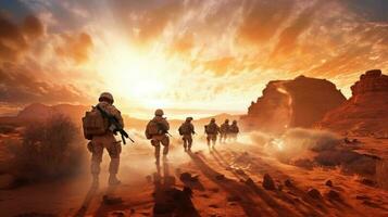 A military photorealistic image of a group of soldiers on patrol in a desert environment, sand and dust swirling around them, one soldier in the foreground checking their surroundings photo