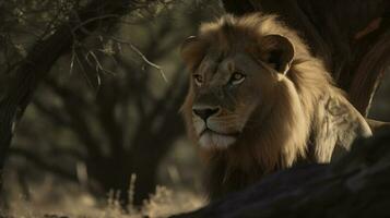 A lion, its powerful frame basking under the dappled light filtering through the acacia trees photo
