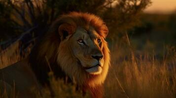 un majestuoso león, sus dorado melena iluminado por el ardiente africano puesta de sol foto
