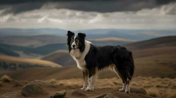 frontera collie en pie en contra un barriendo paisaje, sus majestuoso postura exudando un cautivador aura de vigilancia y atletismo foto