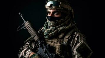 Army soldier in Combat Uniforms with assault rifle, plate carrier and combat helmet, with a Shemagh Kufiya scarf on his neck against a dark background photo